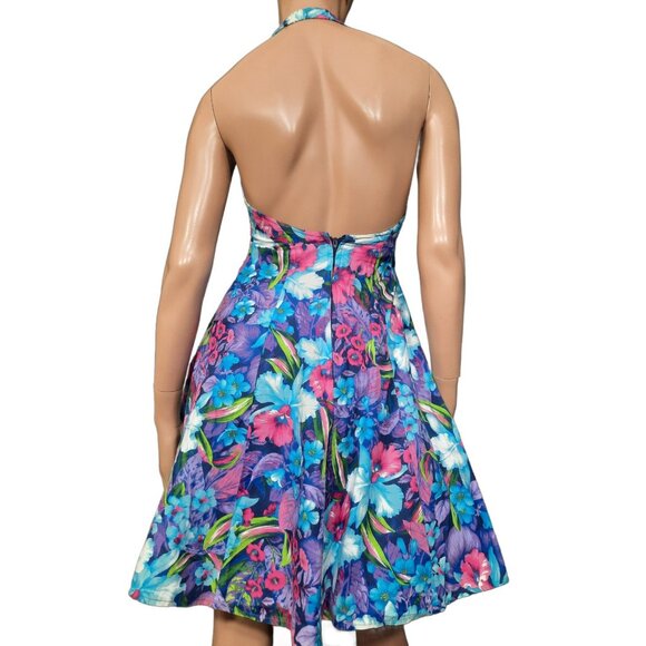 Vintage 80s Floral Swing Dress S Tropical Halter Crinoline Summer Party Prom - Picture 5 of 7